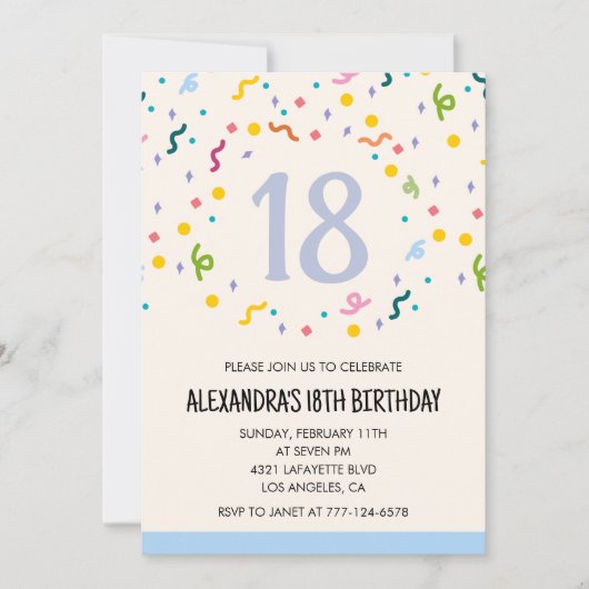 Cartes d'invitation simples pour 18 ans Confetti M (Devant)