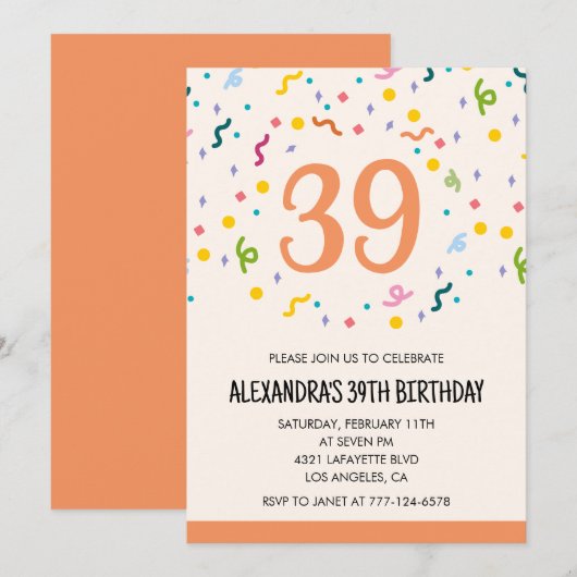 Cartes d'invitation simples pour 39e anniversaire  (Devant / Derrière)