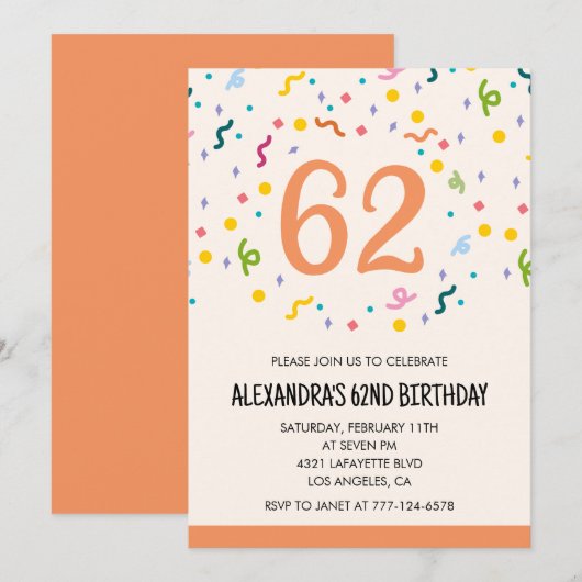 Cartes d'invitation simples pour 62e anniversaire  (Devant / Derrière)