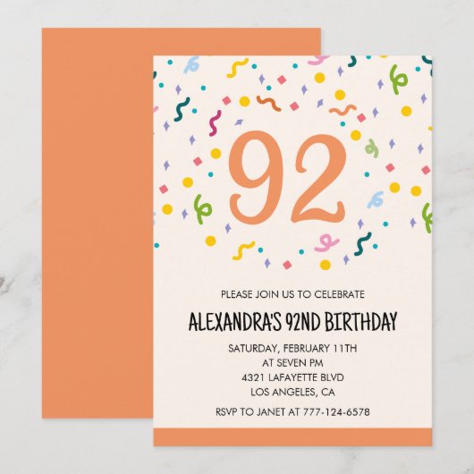 Cartes d'invitation simples pour 92e anniversaire  (Devant / Derrière)