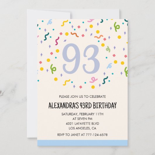 Cartes d'invitation simples pour 93e anniversaire (Devant)