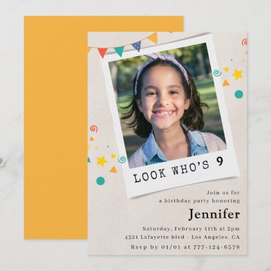 Cartes d'invitation simples pour 9 ans Fille Orang (Devant / Derrière)