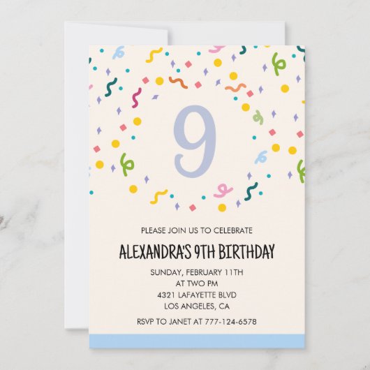 Cartes d'invitation simples pour 9ème anniversaire (Devant)