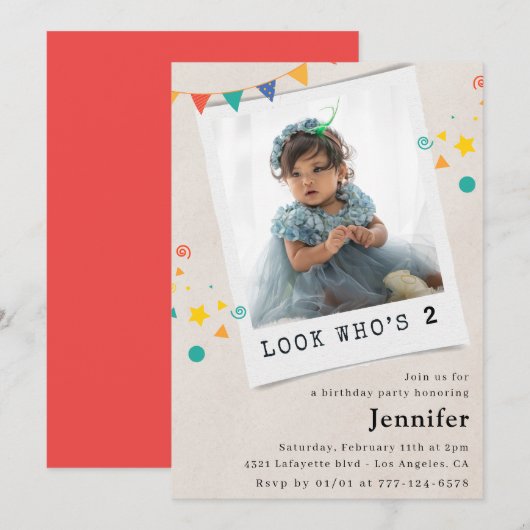 Cartes d'invitation simples pour les 2 ans avec ph (Devant / Derrière)