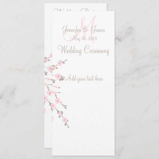 Cartes du programme de l'église Mariage Cherry Blo (Devant / Derrière)