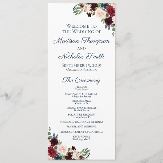 Cartes du programme de mariage avec les fleurs de (Devant)