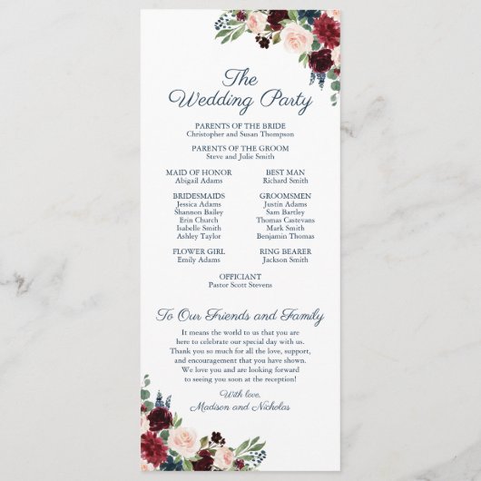 Cartes du programme de mariage avec les fleurs de (Dos)