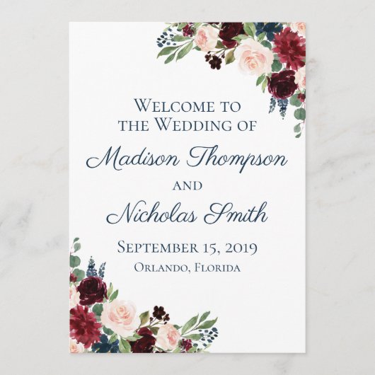 Cartes du programme de mariage floral Marine et Ma (Devant)