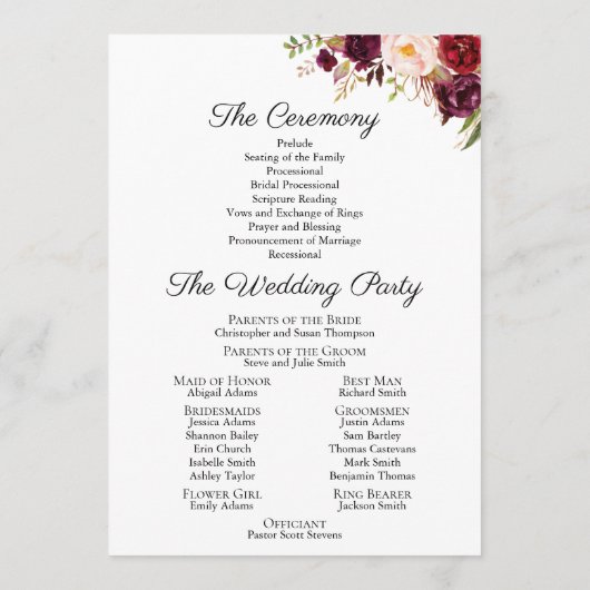 Cartes du programme de mariage floral marsala et r (Dos)