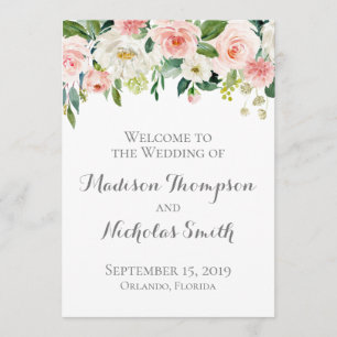 Cartes du programme de mariage rose et blanc aux f