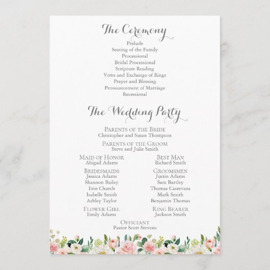 Cartes du programme de mariage rose et blanc aux f (Dos)