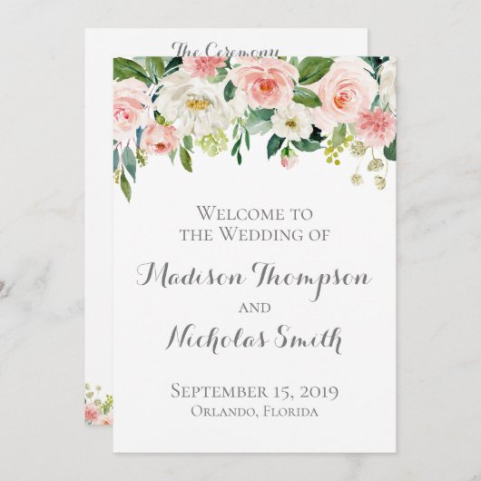 Cartes du programme de mariage rose et blanc aux f (Devant / Derrière)