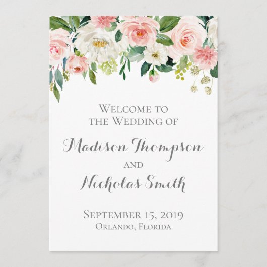 Cartes du programme de mariage rose et blanc aux f (Devant)