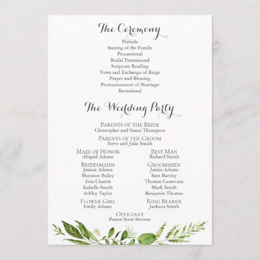 Cartes du programme de mariage vert, Verdure rusti (Dos)