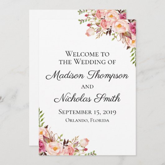 Cartes du programme Mariage Floral Rose Rustique (Devant / Derrière)