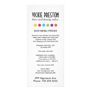 Cartes en rack du menu du salon de cheveux