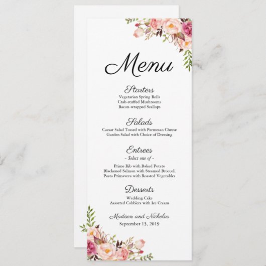Cartes en rack du menu Mariage rose rustique (Devant / Derrière)