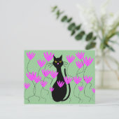 Cartes Fleurs Roses Chat Noir (Debout devant)