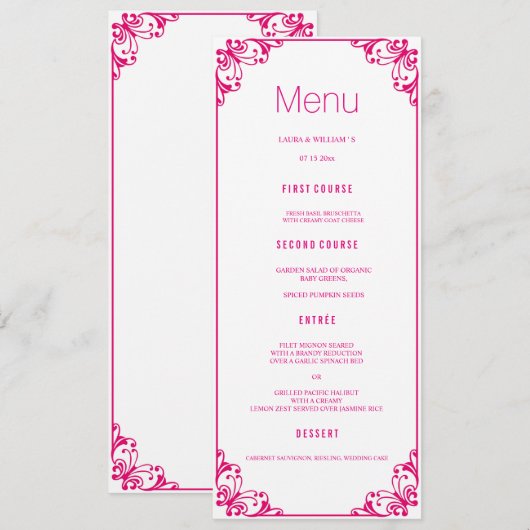Cartes fuchsia de menu de dîner de mariage de (Devant / Derrière)