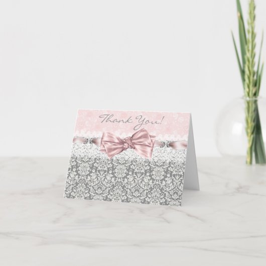 Cartes Gris Rose Damask Rose et Gris Merci (Devant)