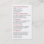 Cartes Médicales de secours d'identification (Dos)