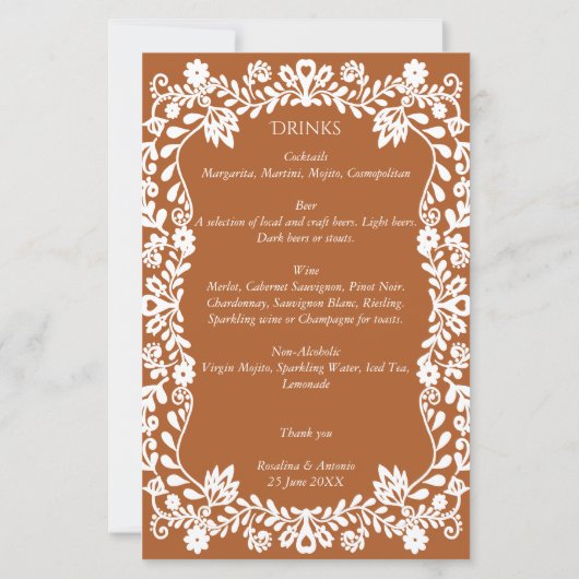 Cartes menu mariage mexicain Talavera en terre cui (Dos)