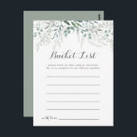 Cartes minimalistes de liste des seaux Eucalyptus<br><div class="desc">Ces cartes minimalistes de liste d'eucalyptus vertes sont l'activité idéale pour une réception de mariage rustique ou une douche nuptiale. Le design comprend des feuilles d'eucalyptus verts et élégants à l'aquarelle. Le signe Liste de regroupement est vendu séparément.</div>