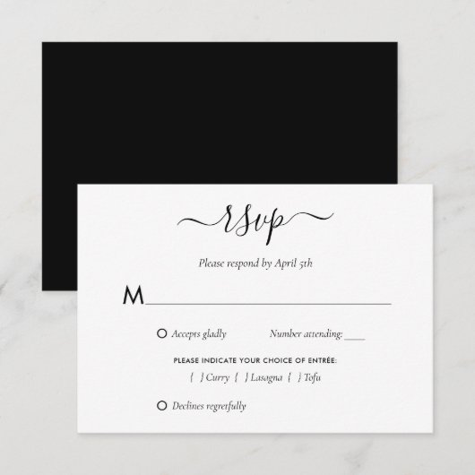 Cartes modernes de mariage noir et blanc RSVP (Devant / Derrière)