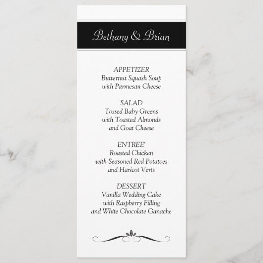 Cartes noires et blanches de menu de réception (Devant)