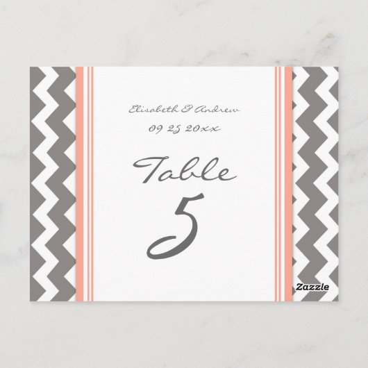 Cartes Numéro de table mariage Coral gris Chevron (Dos)
