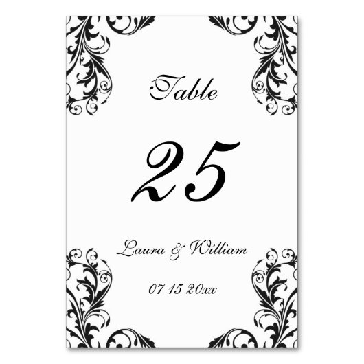 Cartes Numéro de table mariage | Design Damas noir (Par défaut)