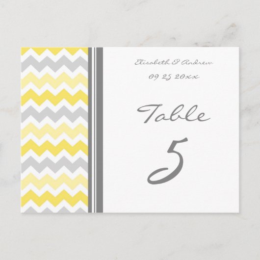 Cartes Numéro de table mariage Gris Jaune Chevron (Devant)