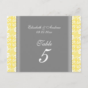 Cartes Numéro de table mariage Lemon Grey Damask