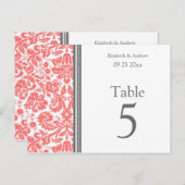 Cartes Numéro de tableau mariage Corail gris (Devant / Derrière)