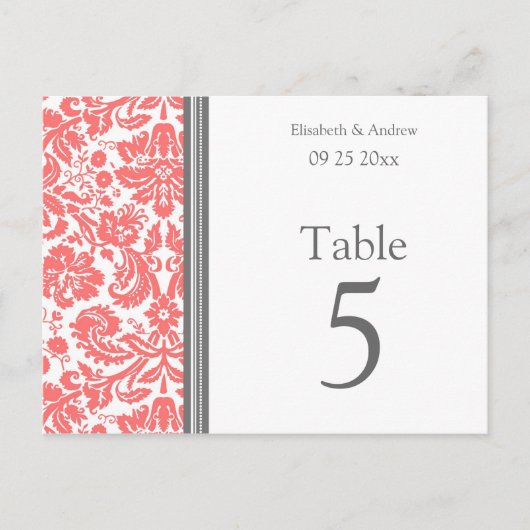 Cartes Numéro de tableau mariage Corail gris (Devant)