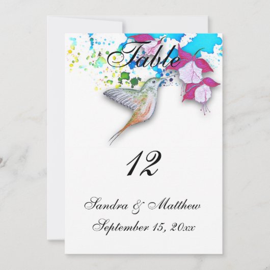 Cartes numéros de table de mariage colibri et fuch (Devant)