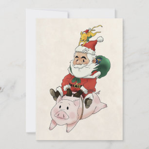 Cartes Père Noël à cheval sur un cochon avec une s