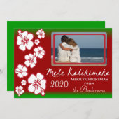 Cartes photo de Noël des hibiscus Hawaii vert roug (Devant / Derrière)