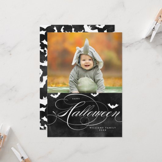 Cartes photos éffrayant d'Halloween Bat (Devant/Arrière en situation)