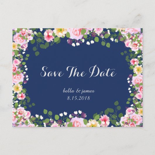 Cartes postales de mariage blush rose bleu marine (Devant)