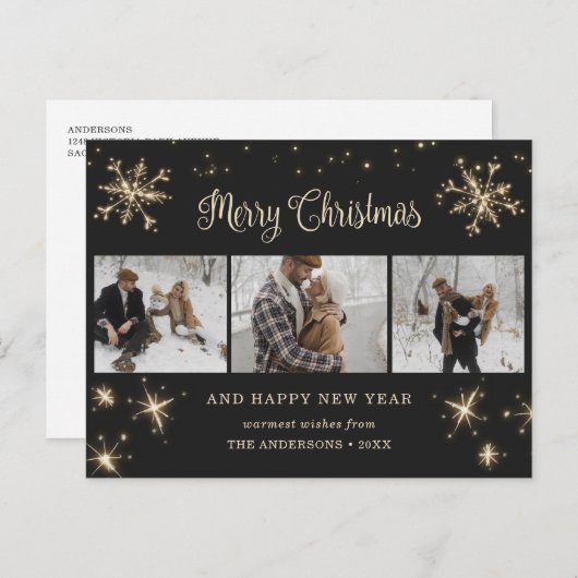 Cartes postales de Noël personnalisées en noir 3 p (Devant / Derrière)