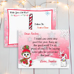 Cartes postales de Père Noël : mignon Snowman<br><div class="desc">Jolies flocons de neige,  mignon bonhomme de neige et un lapin festif lettre personnalisée du Père Noël sur le devant. Le dos a un endroit où votre enfant peut écrire sa liste de voeux de Noël.</div>