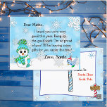 Cartes postales de Père Noël : mignon Snowman<br><div class="desc">Jolies flocons de neige,  avec un adorable bonhomme de neige de fête et une lettre personnalisée bleue du Père Noël sur le devant. Le dos a un endroit où votre enfant peut écrire sa liste de voeux de Noël.</div>