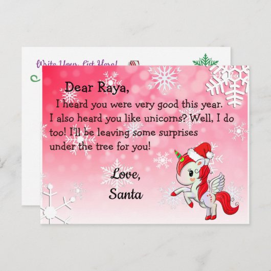Cartes postales de Père Noël : Unicorne rouge à Sa (Devant / Derrière)