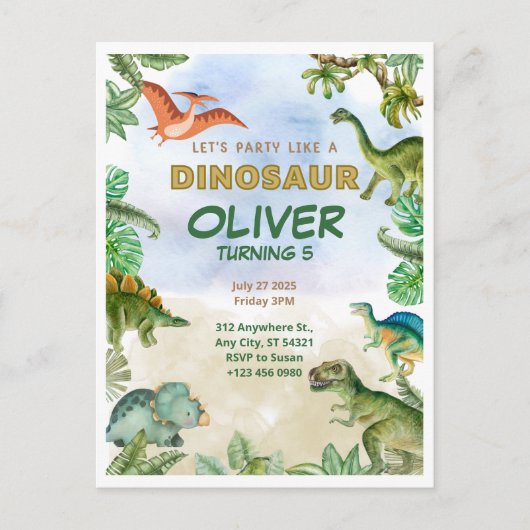 Cartes postales d'invitations d'anniversaire Dinos (Devant)