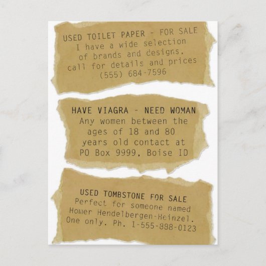 Cartes postales drôles d'annonces classées 8 pièce (Devant)