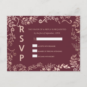 Cartes postales Marsala Red Rose Gold Floral RSVP
