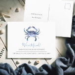 Cartes postales pour Faire-part mobiles de crabe d<br><div class="desc">Ces cartes postales mobiles sont dotées d'un crabe d'aquarelle unique dans les tons bleus, parfait pour partager votre nouvelle adresse côtière. L'avant présente "We've Moved" dans un élégant script à lettres manuscrites, tandis que l'arrière offre de l'espace pour vos détails personnalisés de faire-part mobile. Customisez facilement avec nos modèles en...</div>