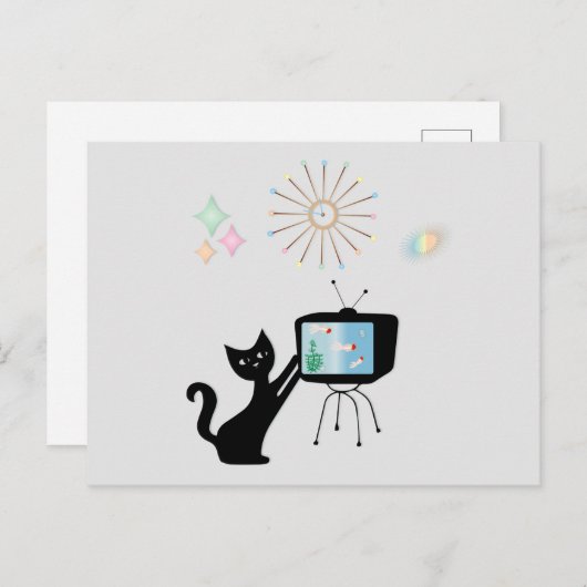 CARTES POSTALES RÉTRO ATOMIC CAT & VIEILLE TV SET (Devant / Derrière)