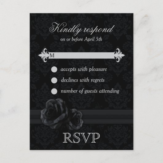 Cartes postales RSVP damask noir avec rose en dent (Devant)